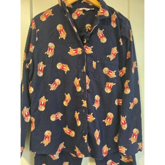 la Vie en Rose Womens Navy Blue Golden Retriever Flannel Pajama Set Large L - Picture 7 of 16